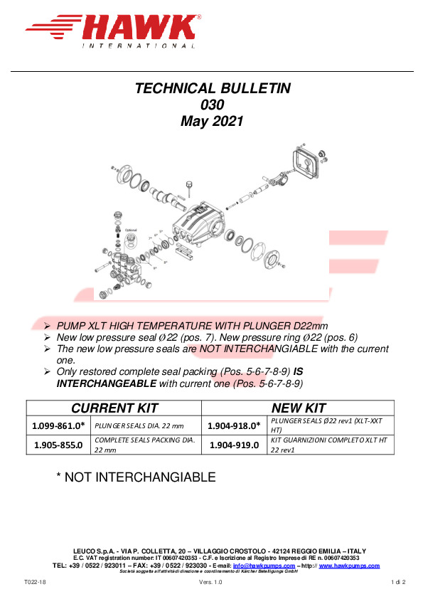 Leuco technical bulletin 030 Sostituzioni Guarnizioni XLT HT 22